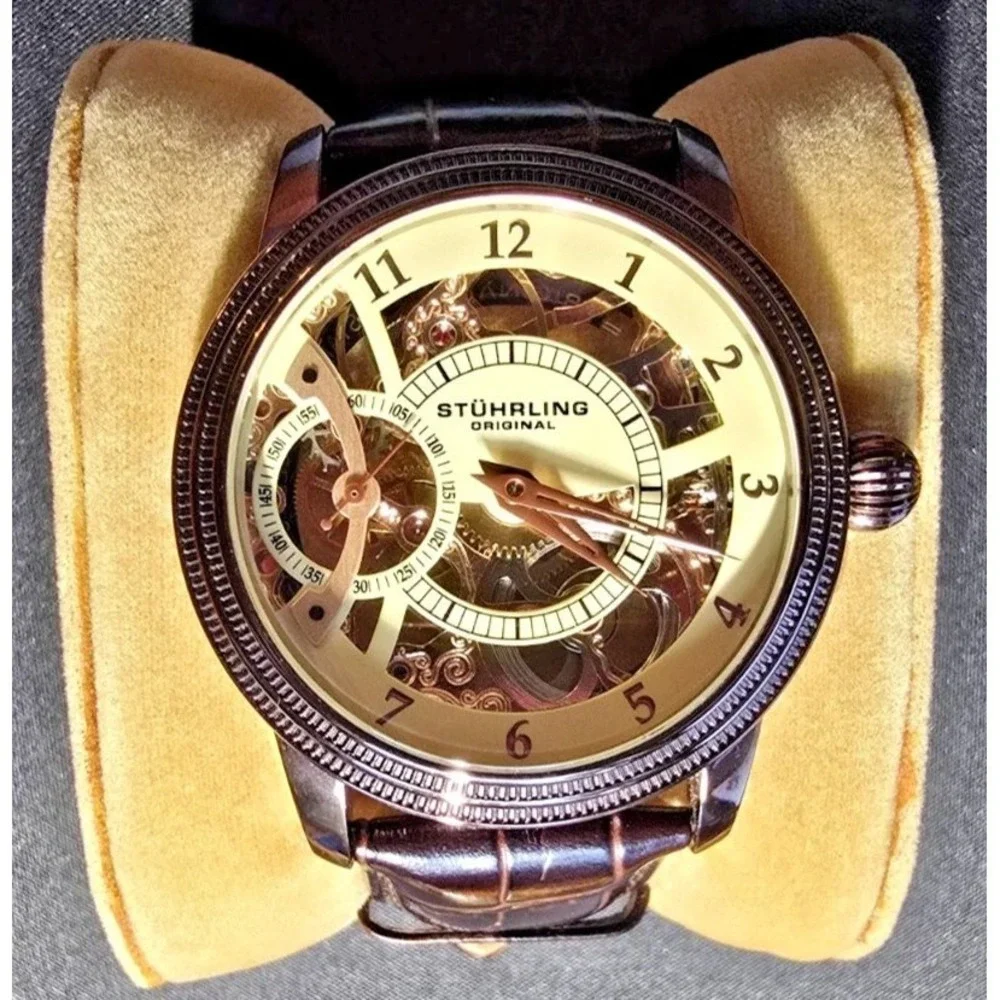 Stührling Original Brumalia Skeleton Watch Brown Leather Strap Exhibition Back